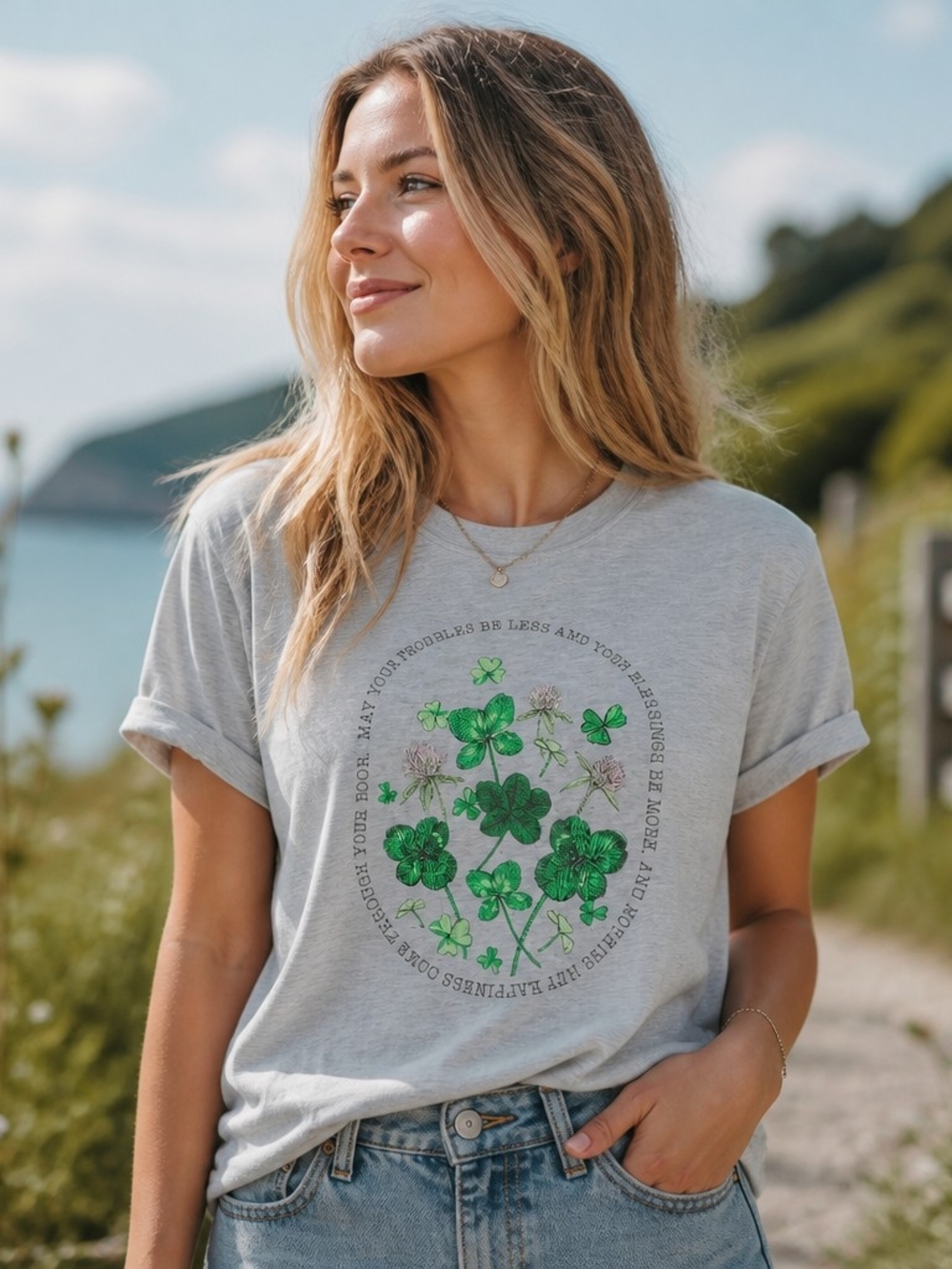 Celebrate It Heather Gray Tee with Green Clover Cluster